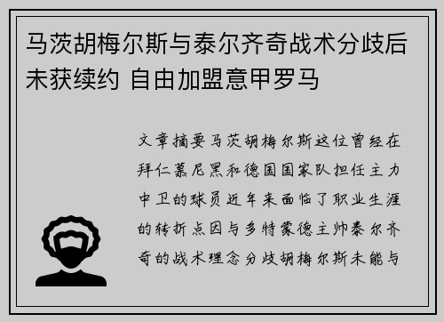 马茨胡梅尔斯与泰尔齐奇战术分歧后未获续约 自由加盟意甲罗马